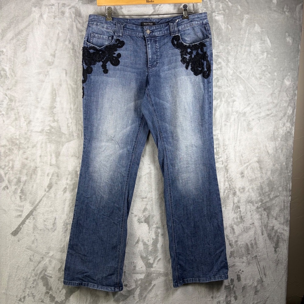 White House Black Market Blue Bootcut Jeans with Black Lace Appliqué